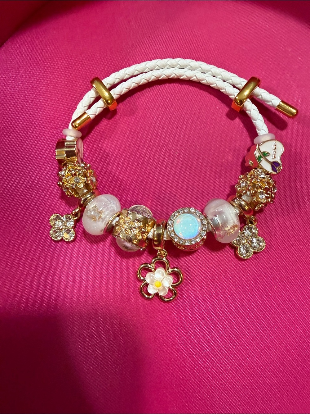 White Braided Leather Charm Bracelet with Gold Flower Charms
